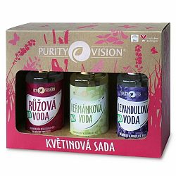 Purity Vision Květinová Ružová voda zo vzácnej damašskej ruže 100 ml + Bio rumančeková voda 100 ml + Bio Levanduľová voda 100 ml darčeková sada