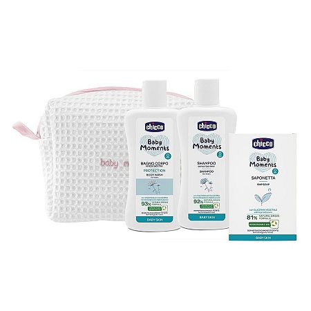 Chicco Baby Moments tuhé mydlo na ruky 100 g + detský šampón na vlasy 200 ml + šampón na celé telo pre deti 200 ml + kozmetická taška darčeková sada