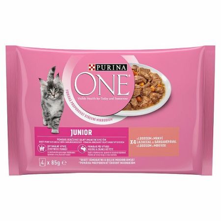 PURINA ONE Multipack JUNIOR mini filetky s lososom a mrkvou v šťave 12(4x85g)